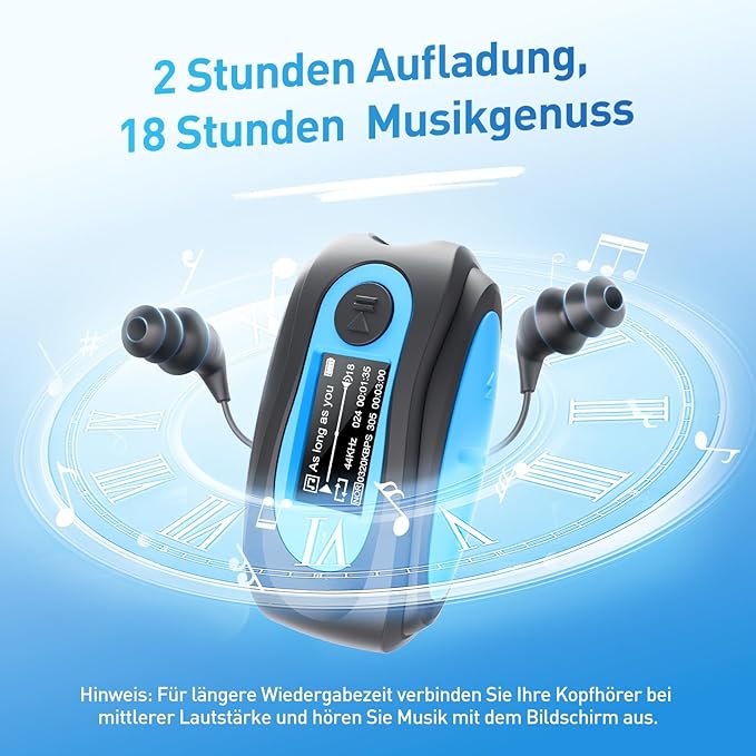 AGPTEK IPX8 Waterproof Mp3 Player with Screen, Multi-Functional Clip Music Player with Waterproof Headphones for Surfing Swimming Water Sports