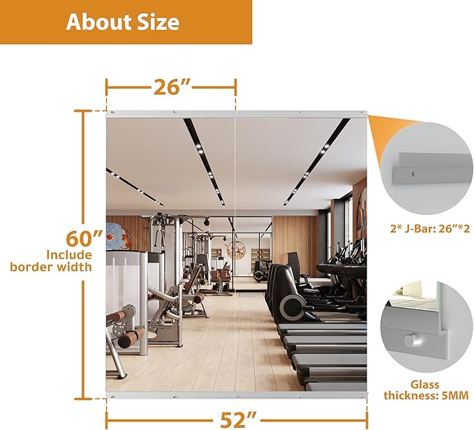 ROOMTEC Workout Mirrors for Home Gym 60"x26"-2PCS, Large Wall Mirror Full Length for Fitness, Yoga, Big Wall Mounted Frameless Glass Mirror for Garage, Dance Studio, Bedroom