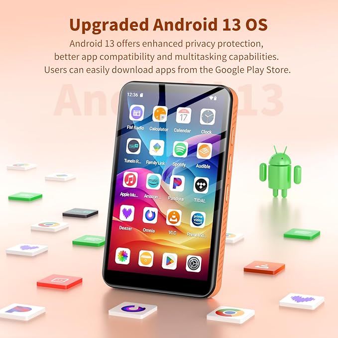 160GB MP3 Player with Bluetooth and WiFi, Android 13 MP3 & MP4 Player with 4" Touchscreen and Speaker, 4GB RAM & 32GB ROM, Spotify Music Player with Audible, FM Radio, Amazon Music, Play Store