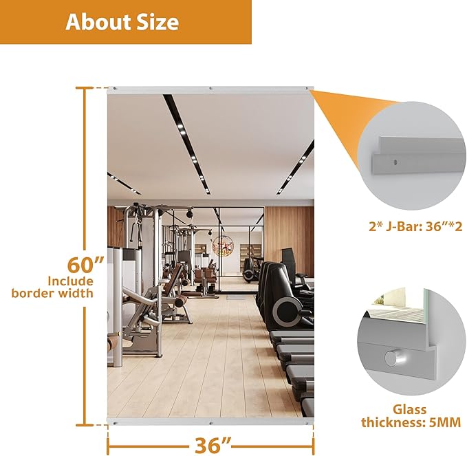 ROOMTEC Workout Mirrors for Home Gym 60"x36", Large Wall Mirror Full Length for Fitness, Yoga, Big Wall Mounted Frameless Glass Mirror for Garage, Dance Studio, Bedroom