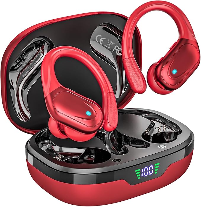 Wireless Earbuds, Sports Bluetooth Headphones, 80Hrs Playtime Ear Buds with LED Power Display, Noise Canceling Headset, IPX7 Waterproof Earphones for Workout/Running (Red)