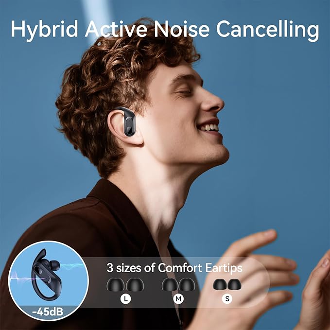 occiam Active Noise Cancelling Ear Buds Wireless Earbuds Bluetooth Headphones 96Hrs Playback LED Display Over-Ear Waterproof Earphones with Earhooks Mics Clear Call for Sport/Running/Workout Black