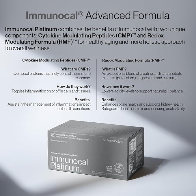 Immunocal Platinum Glutathione Precursor – Whey Protein Isolate, Anti-Aging, Skin + Cell Renewal, Immune Support, Detox + Bone Support | Fat and Sugar Free, Lactose-Intolerant Friendly | 30 Servings