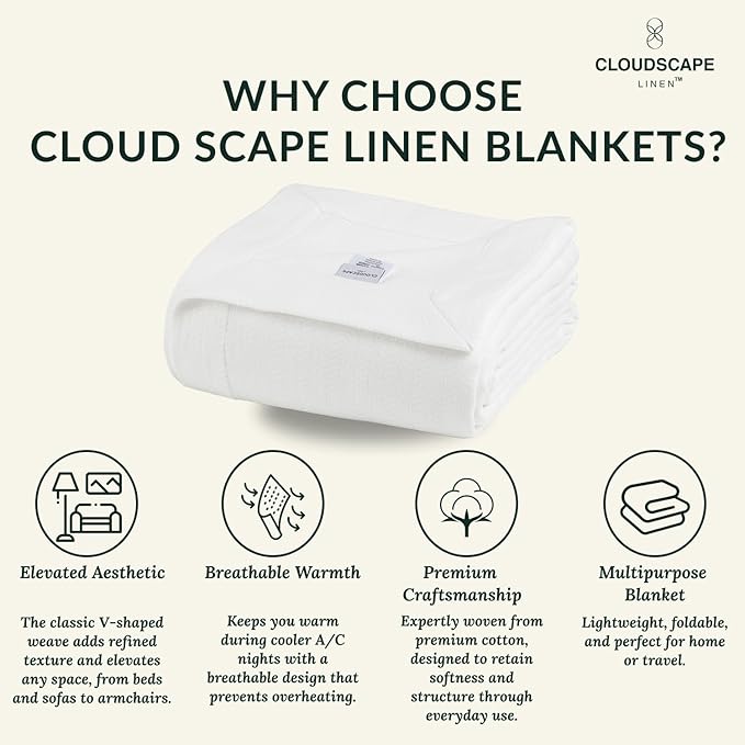 Cloud Scape Linen Herringbone Cotton Throw Blanket for Couch, Bed,Sofa, Home Decor, Soft, Lightweight, All-Season Bed Blanket, 50 x 70, White