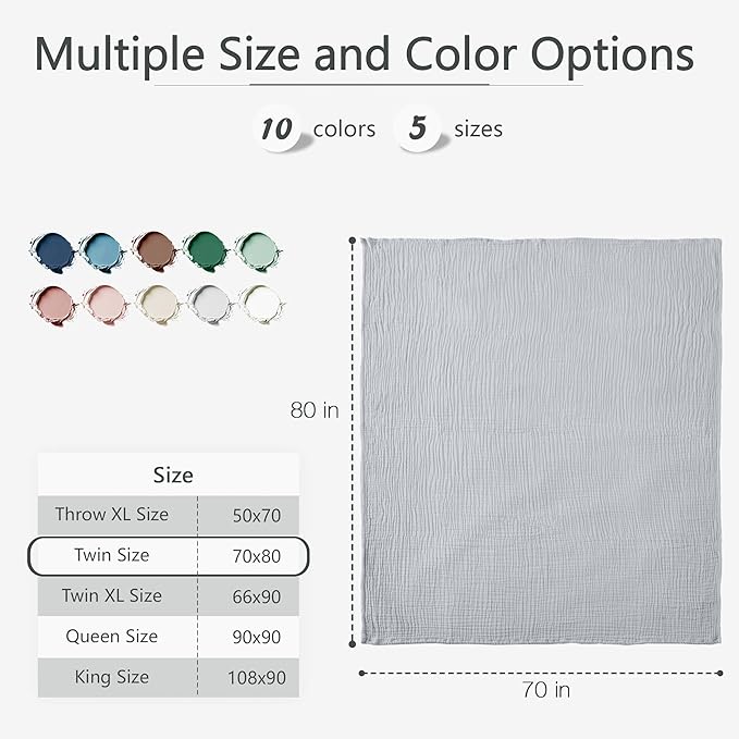 Carriediosa 100% Cotton Muslin Throw Blanket 70" X 80" Twin Size，4-Layers Summer Gauze Throws for Bed Couch，Soft Lightweight Breathable Linen Blankets Bedspread for Adults All Season，Grey