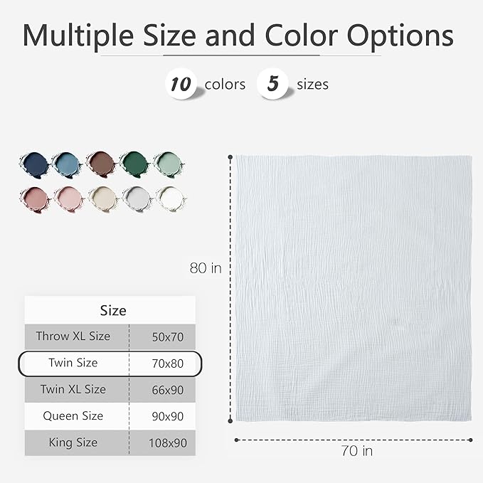 Carriediosa 100% Cotton Muslin Throw Blanket 70" X 80" Twin Size，4-Layers Summer Gauze Throws for Bed Couch，Soft Lightweight Breathable Linen Blankets Bedspread for Adults All Season，White