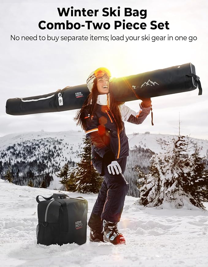 KEMIMOTO Ski Bag and Boot Bag Combo, Snowboard Bag Padded Ski Bags for Air Travel, Snow Ski Bags Fit Skis Up to 200cm, Ski Double Bag Combo