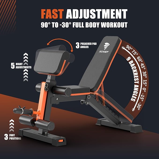 Adjustable Weight Bench, 1000LBS Heavy Duty Foldable Workout Bench with Leg Extension and Preacher Curl Pad, Flat/Incline/Decline for Home Gym Full Body Strength Training