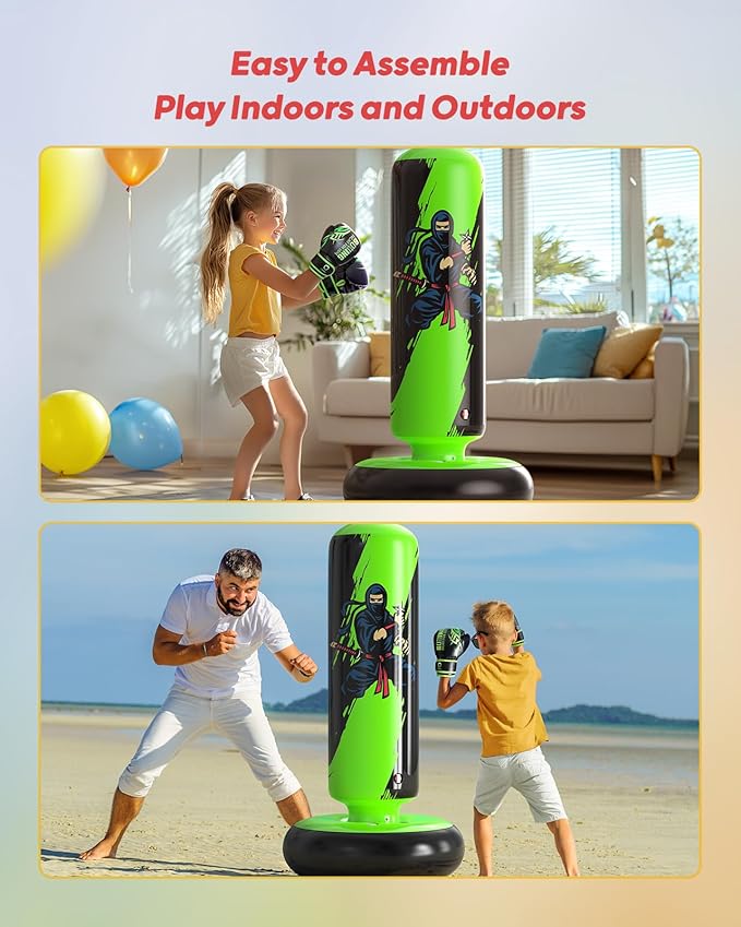 QPAU Punching Bag for Kids, 66 Inch Stable Inflatable Boxing Bag with Boxing Gloves, Stand Kids Punching Bag Toy for Boys & Girls Age 6-12, Boxing Set for Practicing Karate, Taekwondo, MMA