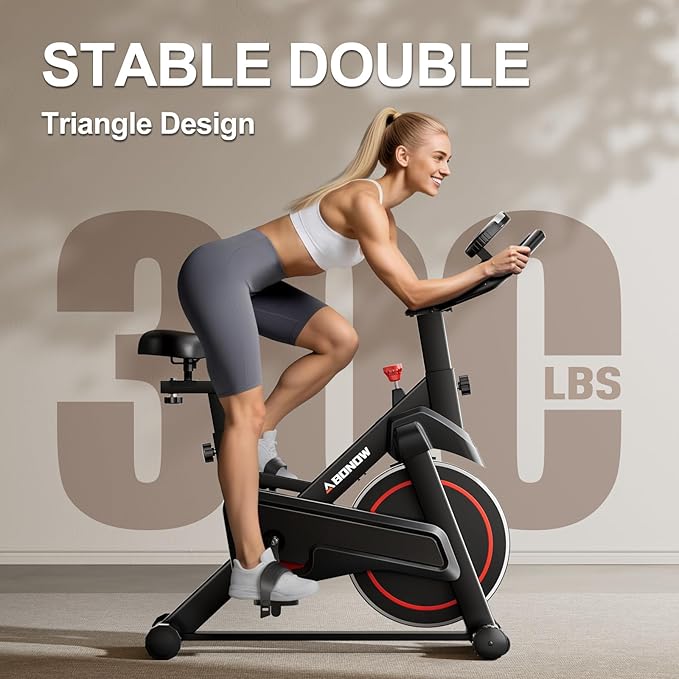 Exercise Bike, Brake Pad Stationary Bikes for Home with App Compatible, Low Noise Indoor Cycling Bike, 300lbs Capacity Compact Workout Bike with Tablet Mount & Extra Comfort Seat
