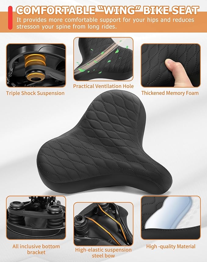 Wide Bicycle Seats for Comfort Men & Women, Oversized & Extra Soft Padded Bike Seat Cushion, Comfortable Large Bike Saddle for Ebike, Mountain Bike, Beach Cruiser, Stationary Exercise Bike