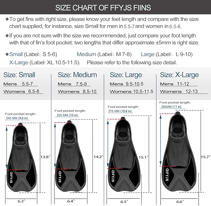 FYJS Short Swim Fins with Comfortable Full Foot Pocket Travel-Size for Snorkeling and Scuba Diving