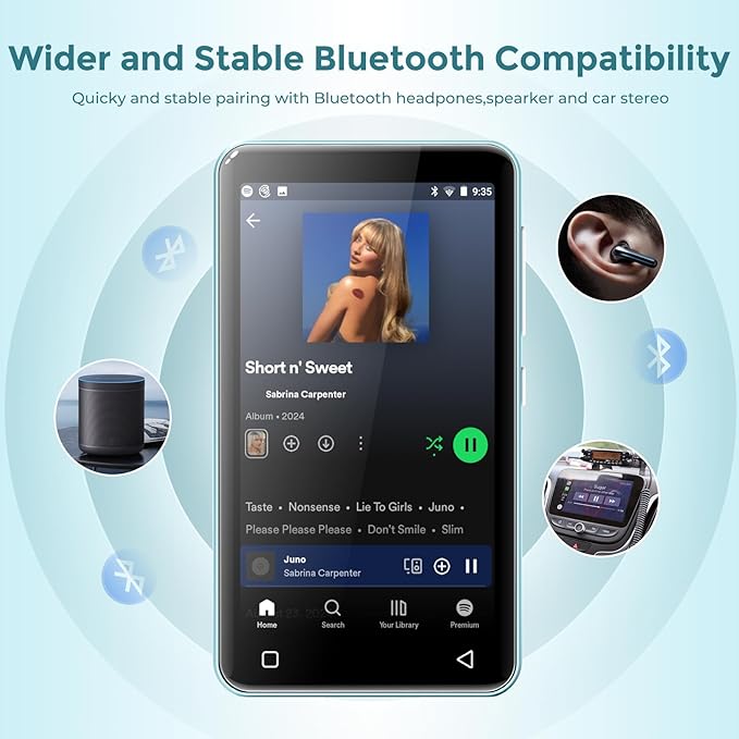 innioasis 80GB MP3 Player with Bluetooth and WiFi, MP3 Player for Kids with Spotify, Spotify Kids, Pandora, Audible, 4.0" Touch Screen Music Player with Parental Controls, Up to 1TB (White+ Sky-Blue)