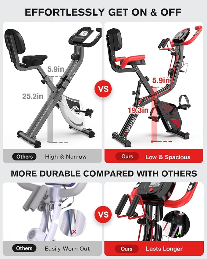 pooboo Folding Exercise Bike, Foldable Upright Stationary Bike, Indoor Cycling Magnetic X-Bike with 8-Level Adjustable Resistance, 6.6 LBS Flywheel, 300LB Capacity, Bottle Holder & Back Support Cushion for Home Gym