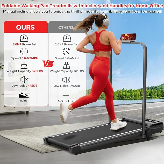 Portable Walking Pad with Incline and Handle Bar, 3.0HP Electric Treadmills for Home Small, 0.6-6.2MPH Compact Walking Pads Treadmills with Handles and Incline for Small Spaces, 320LB Capacity