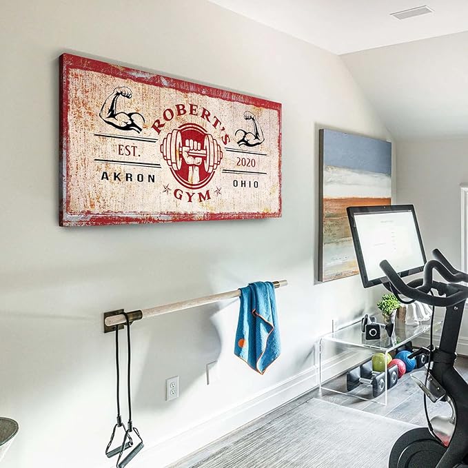 Tailored Canvases Personalized Gym Sign Wall Art Decor - Motivational Canvas for Home Gym, Workout Room, Garage, Fitness Center - Workout Inspirational Posters - One Hand Dumbbell on Rustic Red, 20x10in
