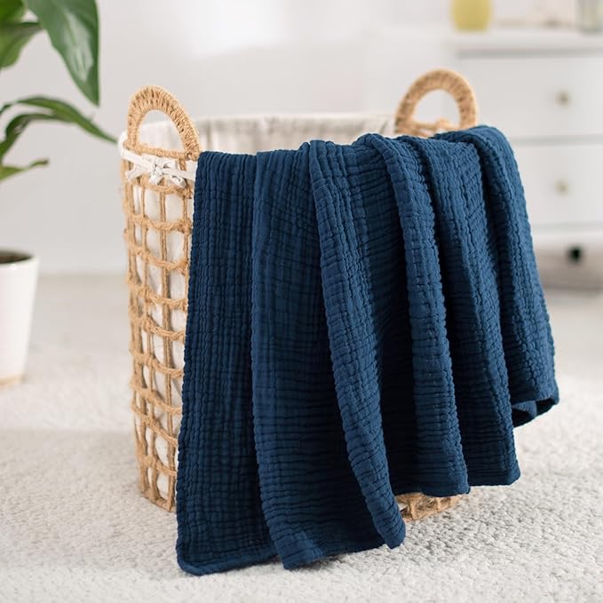 Carriediosa 100% Cotton Muslin Throw Blanket 50" X 70" Throw XL Size，4-Layers Summer Gauze Throws for Bed Couch，Soft Lightweight Breathable Linen Blankets Bedspread for Adults All Season，Navy Blue