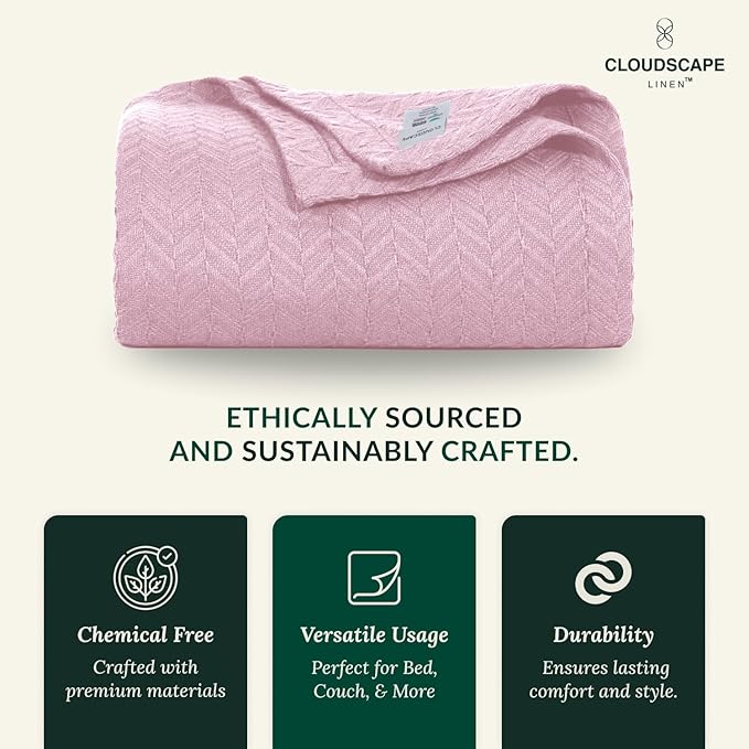 Cloud Scape Linen 100% Cotton Blanket King Size for Bed – Lightweight Summer Blanket, Herringbone Weave,fits California King Size Bed, 92x108,Seashell Pink