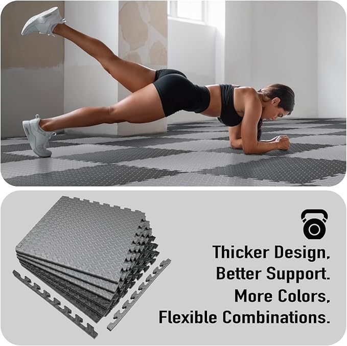 AIRHOP Upgraded 0.79" Extra Thick 48 Sq Ft High-Density Eva Foam Exercise Gym Mats, 12 Pcs Large Interlocking Puzzle Floor Tiles (24"x24") for Home Gym, Black&Gray