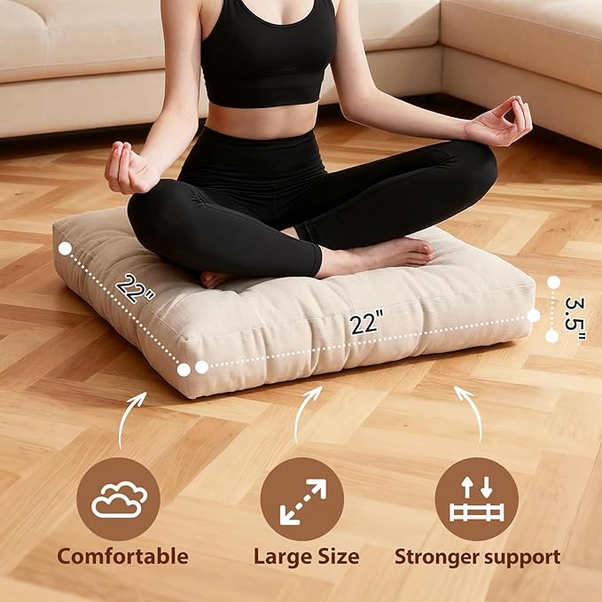 Tiita Square Outdoor Cushions Floor Pillow Thicken Tufted Seat Cushion for Adult Seating on Floor Yoga Meditation Living Room Balcony Office Indoor (Beige, 22 Inch (Pack of 1))