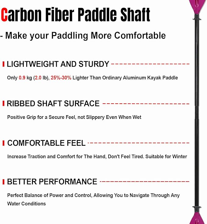 Kayak Paddle Premium Carbon Fiber Paddle with Reinforced PP + Fiberglass Blade, Floating Adjustable Kayaking Oars, 3 Piece, 220-240 cm/86-94 Inches, 240-260 cm/94-102 Inches