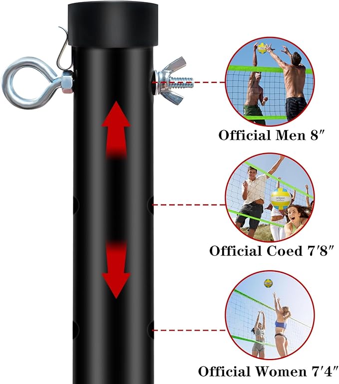 Outdoor Portable Volleyball Net System - Adjustable Height Poles with Soft Volleyball Ball, Pump, Hammer, Boundary Line, and Carry Bag for Backyard, Beach, Lawn