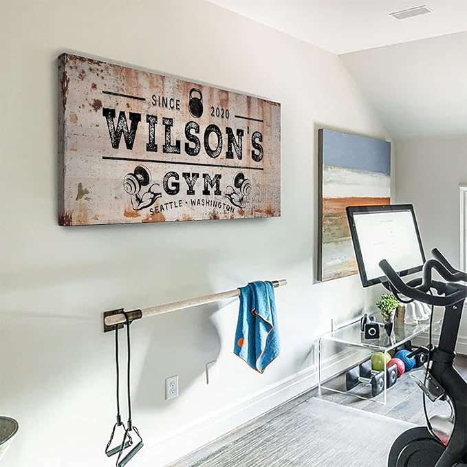 TAILORED CANVASES Personalized Gym Sign Wall Art Decor - Motivational Canvas s for Home Gym, Workout Room, Garage, Fitness Center - Workout Inspirational Posters - Kettlebell on Rustic, 36x12in