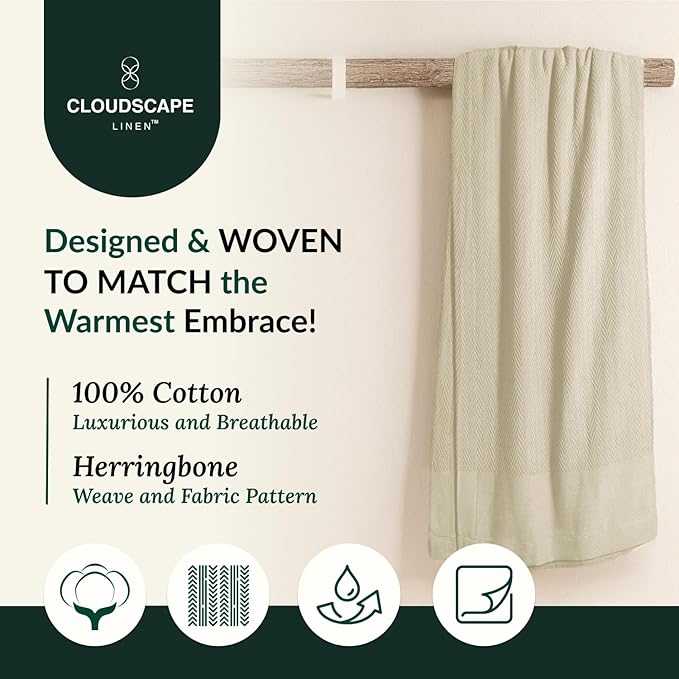 Cloud Scape Linen 100% Cotton Blanket King Size for Bed – Lightweight Summer Blanket, Herringbone Weave,fits California King Size Bed, 92x108,Beige Fog