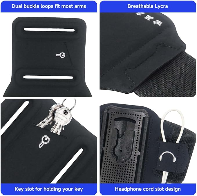 Wristband Phone Holder for Running, 360°Rotation & Detachable Sports Armband with Key Holder for iPhone 16/15/14/13/12/Pro/Pro Max/XS/XR/X/8/7/6/Plus, Fits 4.5-7 Inch Smartphones (Grey)