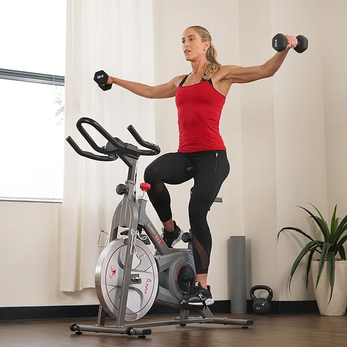 Sunny Health & Fitness Indoor Cycling Exercise Bike w/Pulse Sensors & 4-Way Adjustable Seat, Stationary Home Cardio Training Machine w/Micro-Adjustable Magnetic Resistance for Intensive Cardio Session