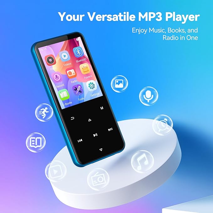 AGPTEK 64GB MP3 Player with Bluetooth, M3 2.4 inch Music Player with Speaker and FM Radio, Touch Buttons, Supports Up to 128GB(Blue)