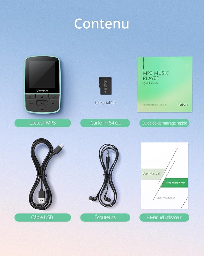 YOTON MP3 Player with Bluetooth 5.2, 64GB Storage, Mini Size, HiFi Music, with Sports Clip, Independent Volume Control, FM Radio, Includes Headphones (Green)