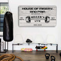 Tailored Canvases Personalized Gym Sign Wall Art Decor - Motivational Canvas for Home Gym, Workout Room, Garage, Fitness Center - Workout Inspirational Posters - House of Misery and Pain, White Wood 60x30in