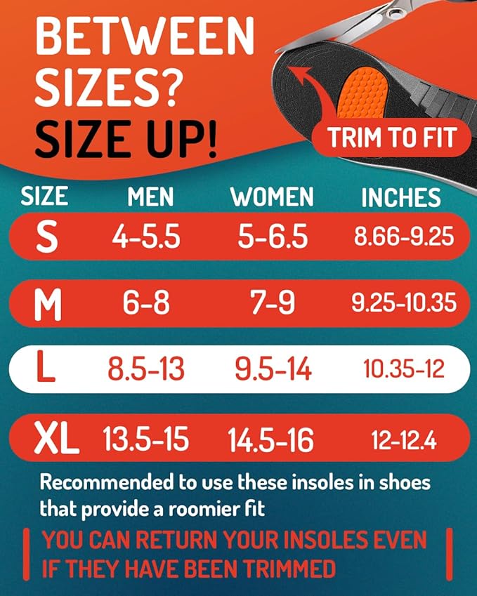 Sport Shock Absorbing Insoles - Athletic Shoe Cushioning Inserts for Men and Women - Ideal for Active Sports Running Training Hiking - Neutral Arch Good for Sneakers Shoes, L