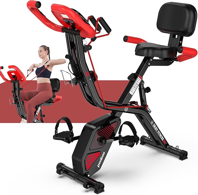 pooboo Folding Exercise Bike, Foldable Upright Stationary Bike, Indoor Cycling Magnetic X-Bike with 8-Level Adjustable Resistance, 6.6 LBS Flywheel, 300LB Capacity, Bottle Holder & Back Support Cushion for Home Gym