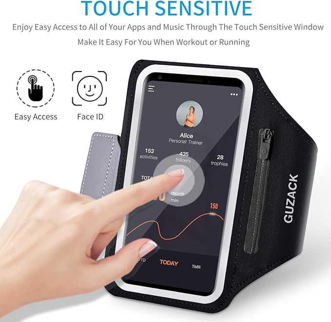 GUZACK Running Phone Holder with Zipper Pouch, Running Armband for iPhone 16/15/14/13/12/11 Pro Max/Plus, Galaxy S25/S24/S23/S22, Cell Phone Arm Holder with Card Slot - Size L (Bigger Arm 14-17 in)