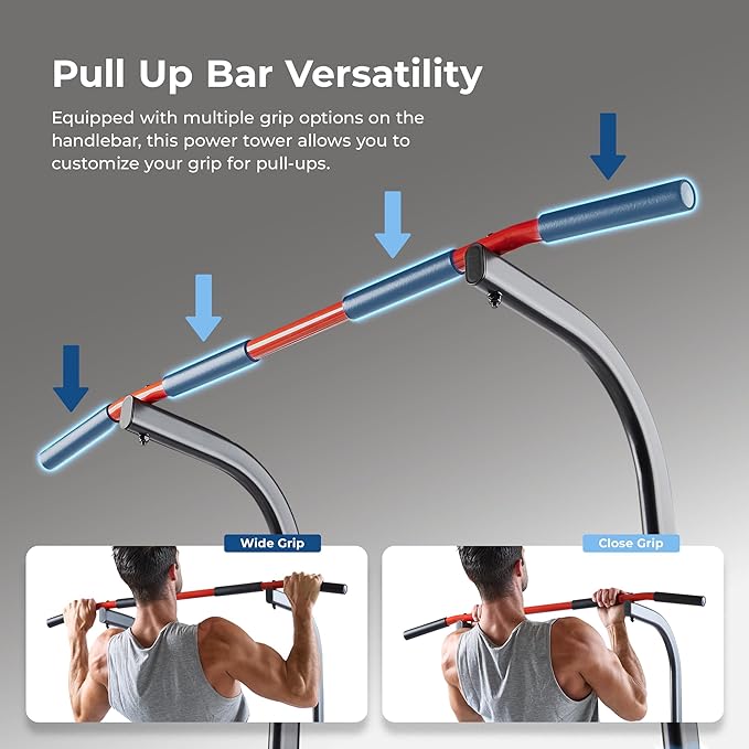 Sunny Health & Fitness Power Tower, Dip Bar, Push-Up & Pull Up Assisting Parallette Station w Optional Rock Climbing Grip Trainer