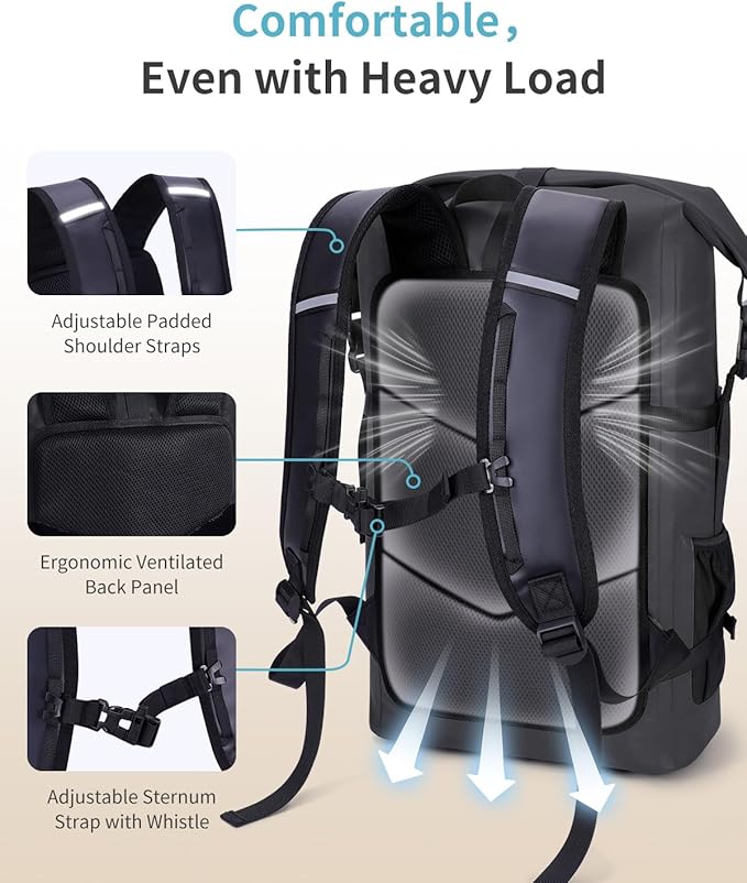 ECOHUB Waterproof Backpack for Women Men, 30L Roll-Top Closure Heavy Duty Dry Bag for Travel with IPX8 Waterproof Phone Case