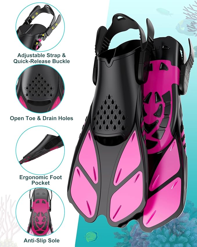 Mask Fins Snorkeling Gear for Adults, Full Face Snorkel Mask & Adjustable Swim Fins Snorkel Set, Panoramic View Snorkel Mask Dry Top Anti-Fog Anti-Leak