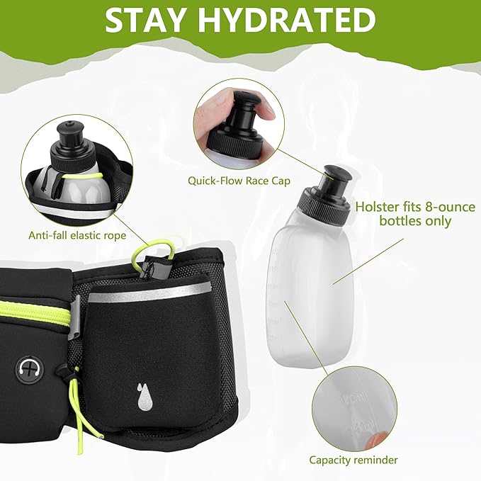 Hydration Running Belt for Women & Men with 2 Water Bottles – Water-Resistant Waist Pack & Phone Holder, No-Bounce Fit for Running, Hiking, Workouts – Bonus Sweatband, Fits All Phones