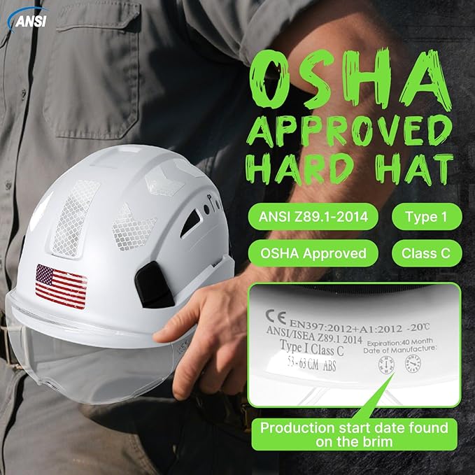 AOLAMEGS Construction Safety Hard Hat - ANSI Z89.1 Type Ι OSHA Approved Safety Helmets with Chin Straps Lightweight Reflective Vented ABS Hard Hats For Men Women Industrial Workwear 6-point Suspension