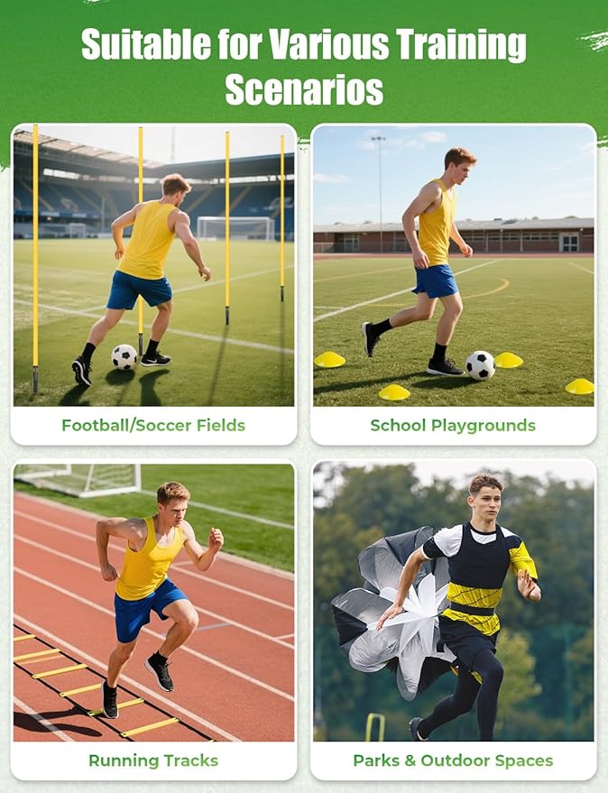 GHB Soccer Agility Training Equipment, 6 Agility Poles, 20ft Speed Ladder, 12 Disc Cones, Resistance Parachute, Jump Rope, 5 Resistance Bands, Soccer Training Poles for Speed Agility Training
