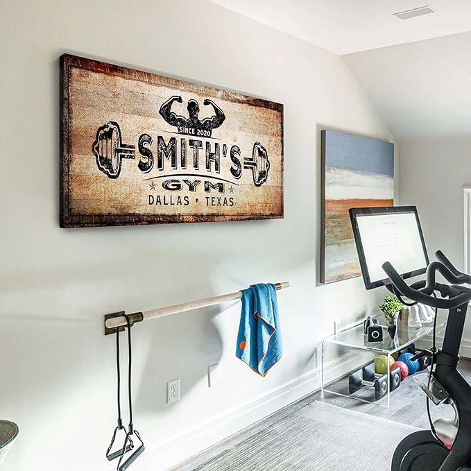 TAILORED CANVASES Personalized Gym Sign Wall Art Decor - Motivational Canvas s for Home Gym, Workout Room, Garage, Fitness Center - Workout Inspirational Posters - Gym Name on Rustic Copper, 48x16in