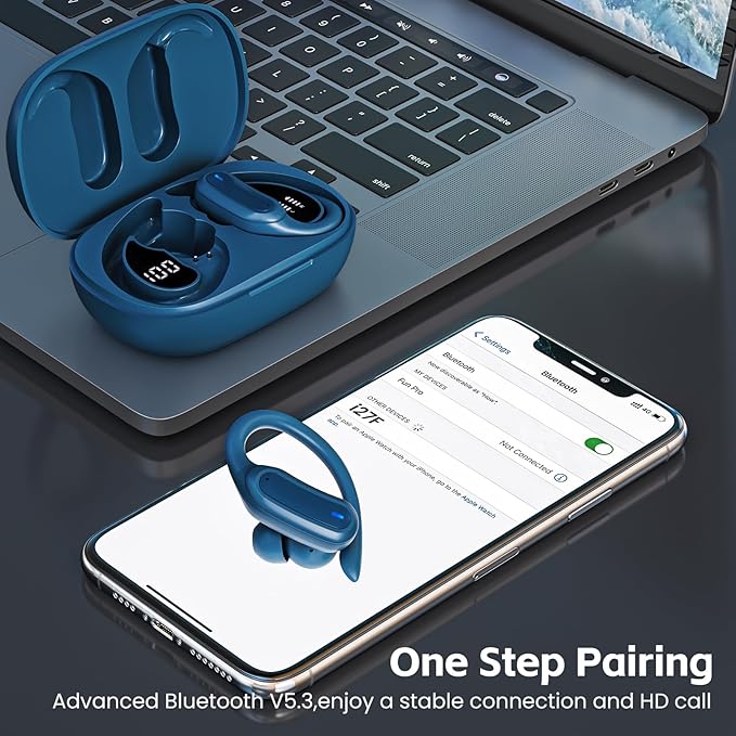Wireless Earbuds Bluetooth Headphones, Bluetooth 5.3 Stereo Over Ear Buds,Noise Cancelling Mic, IPX7 Waterproof Headset for Workout/Running - Blue