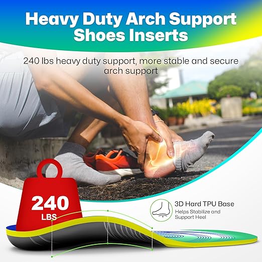 Upgraded Plantar Fasciitis Insoles, 240lbs Heavy Duty Work Boot Insoles for Men, Arch Support Orthotics Inserts, Athletic Gel Shoe Inserts for Pain Relief, Flat Feet, Standing All Day - M