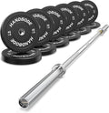 Olympic Bumper Plates Set 2 Inch, 10-55 lbs Rubber Weight Plates with 45 lb (20kg) Black/Silver Barbell, Strength Training & Weight Lifting for Home Gym
