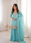 Lorenvalley Fashion Skyblue Crunchy Silk with Embroidery Sequence, Dori, Jari Work Kurta Palazzo with Dupatta