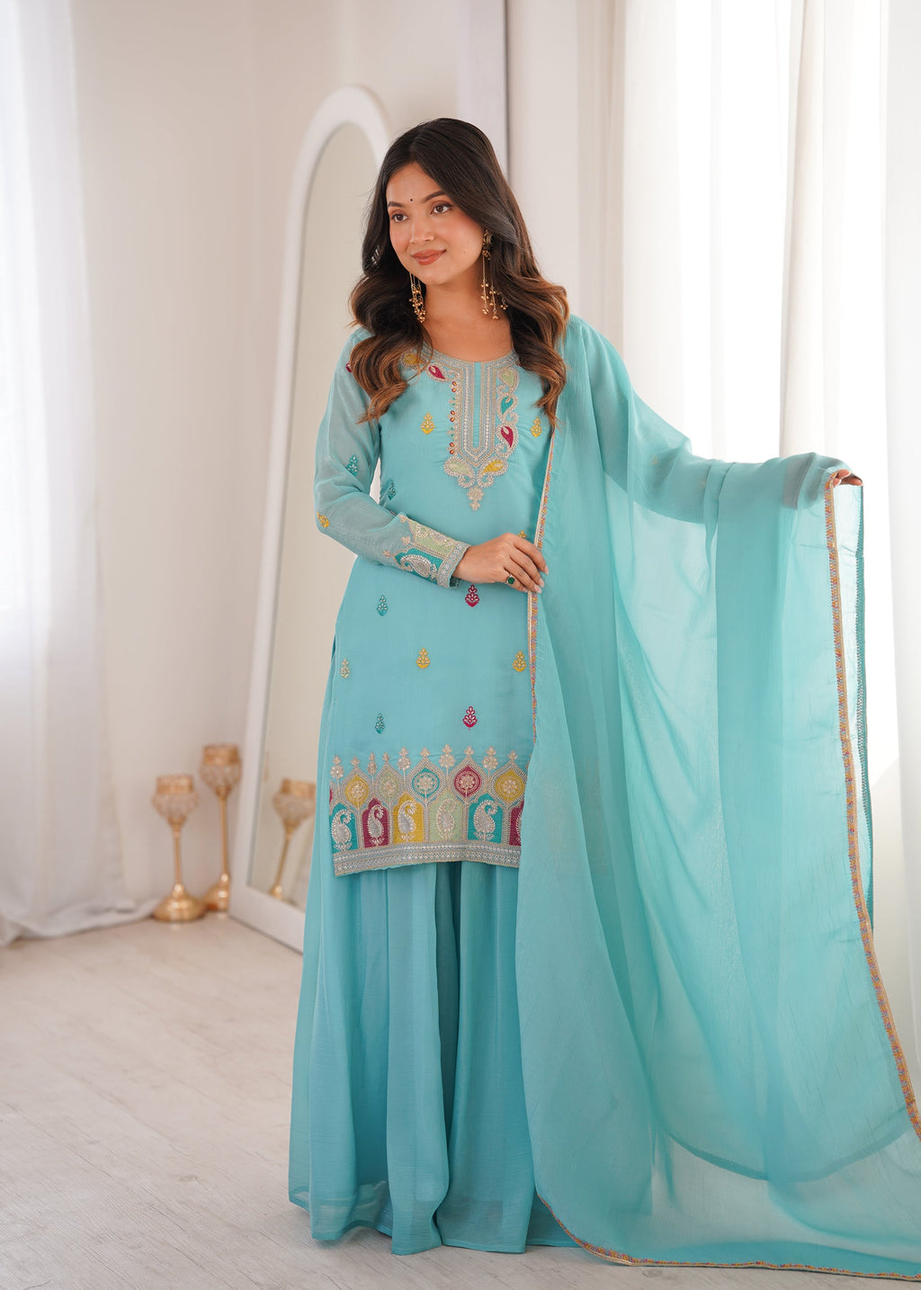 Lorenvalley Fashion Skyblue Crunchy Silk with Embroidery Sequence, Dori, Jari Work Kurta Palazzo with Dupatta