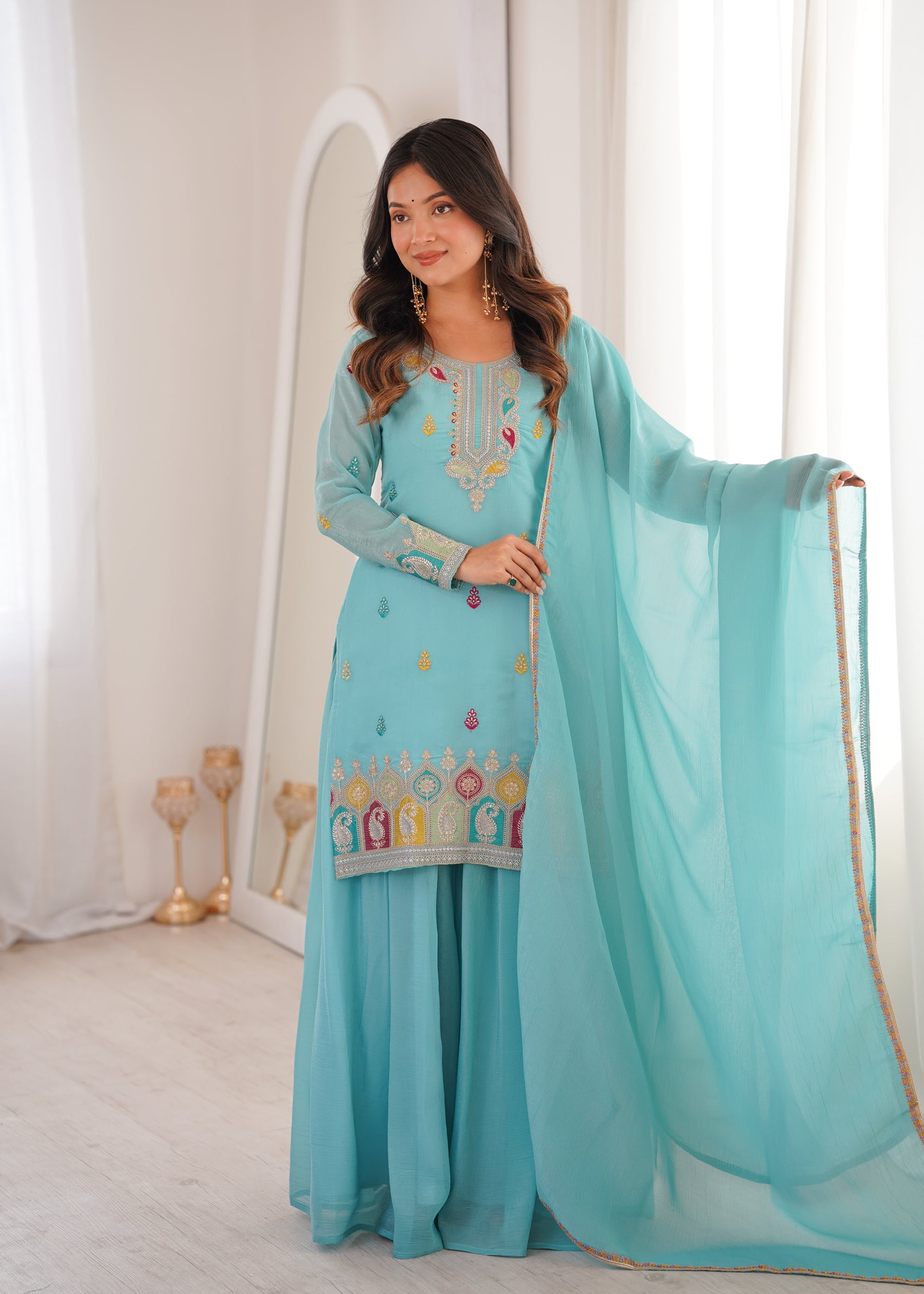 Lorenvalley Fashion Skyblue Crunchy Silk with Embroidery Sequence, Dori, Jari Work Kurta Palazzo with Dupatta