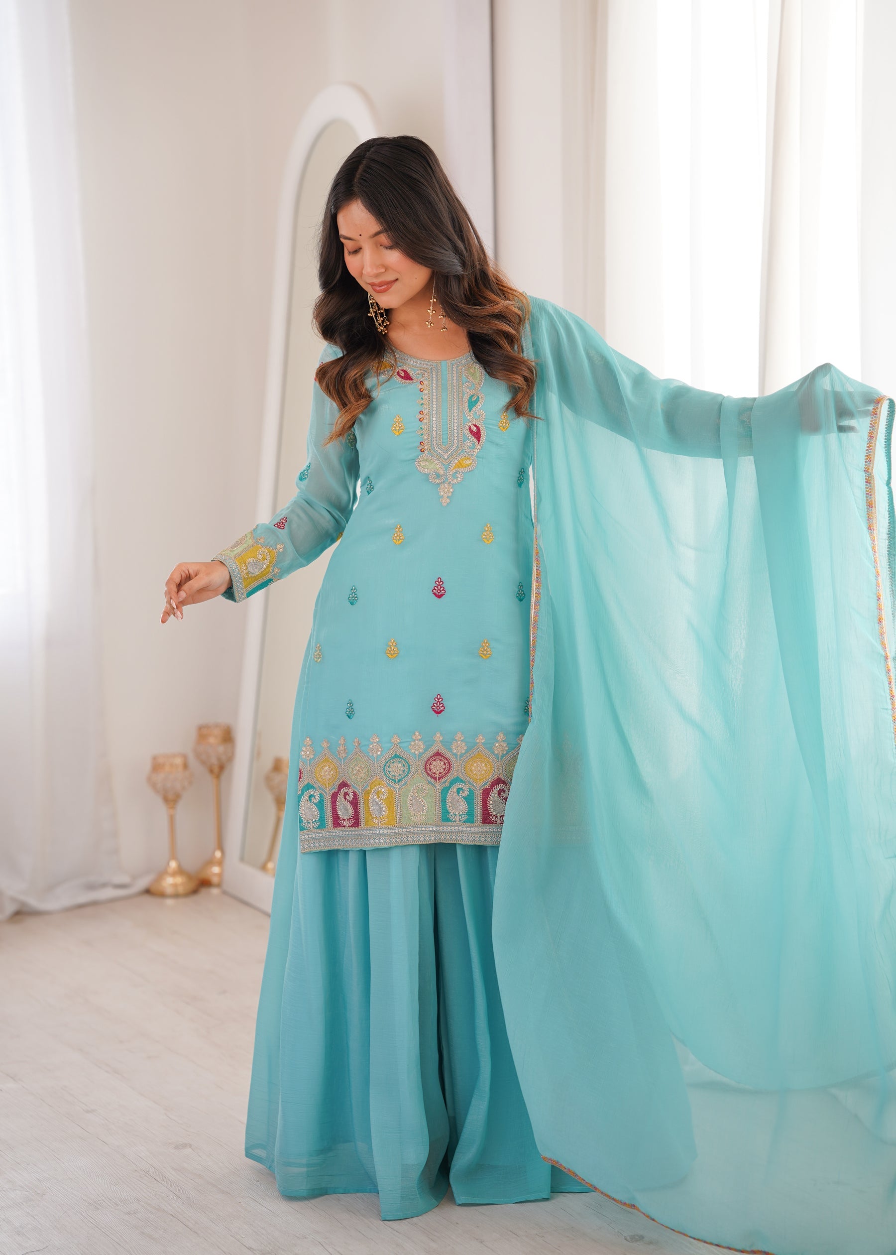 Lorenvalley Fashion Skyblue Crunchy Silk with Embroidery Sequence, Dori, Jari Work Kurta Palazzo with Dupatta